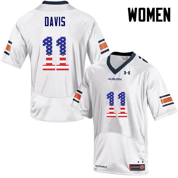 Women #11 Chris Davis Auburn Tigers USA Flag Fashion College Football Jerseys-White - Click Image to Close
